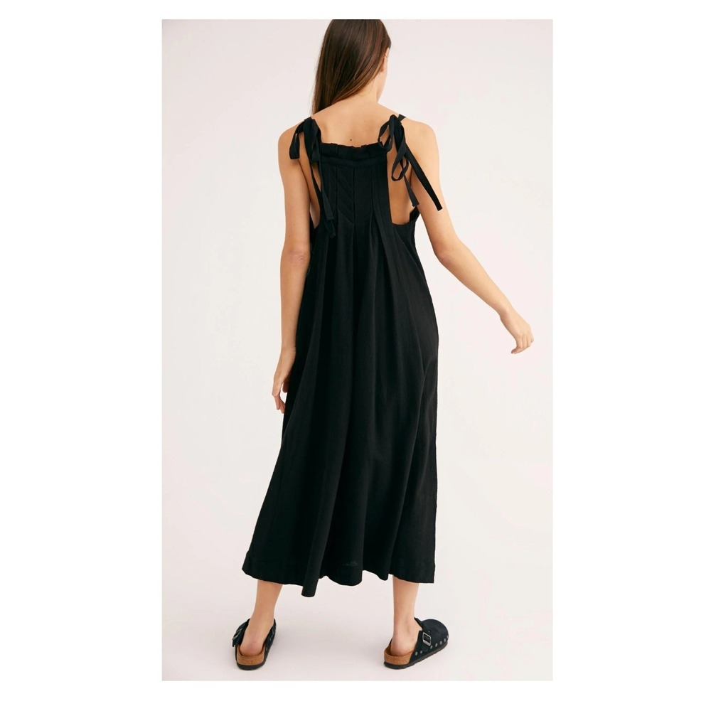 Free People Black Cotton Gauze Pleated Tie Strap Jumpsuit Overalls XS